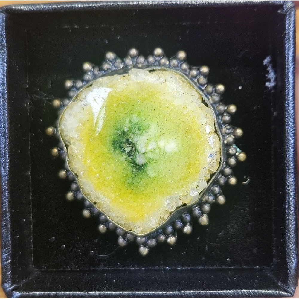 925 Sterling Druzy Ring Sz 9.75 Large Solar Quartz Yellow/Green Hues Stunning